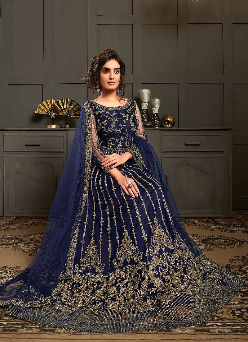 Navy Blue Multi Embroidery Designer Wedding Gown