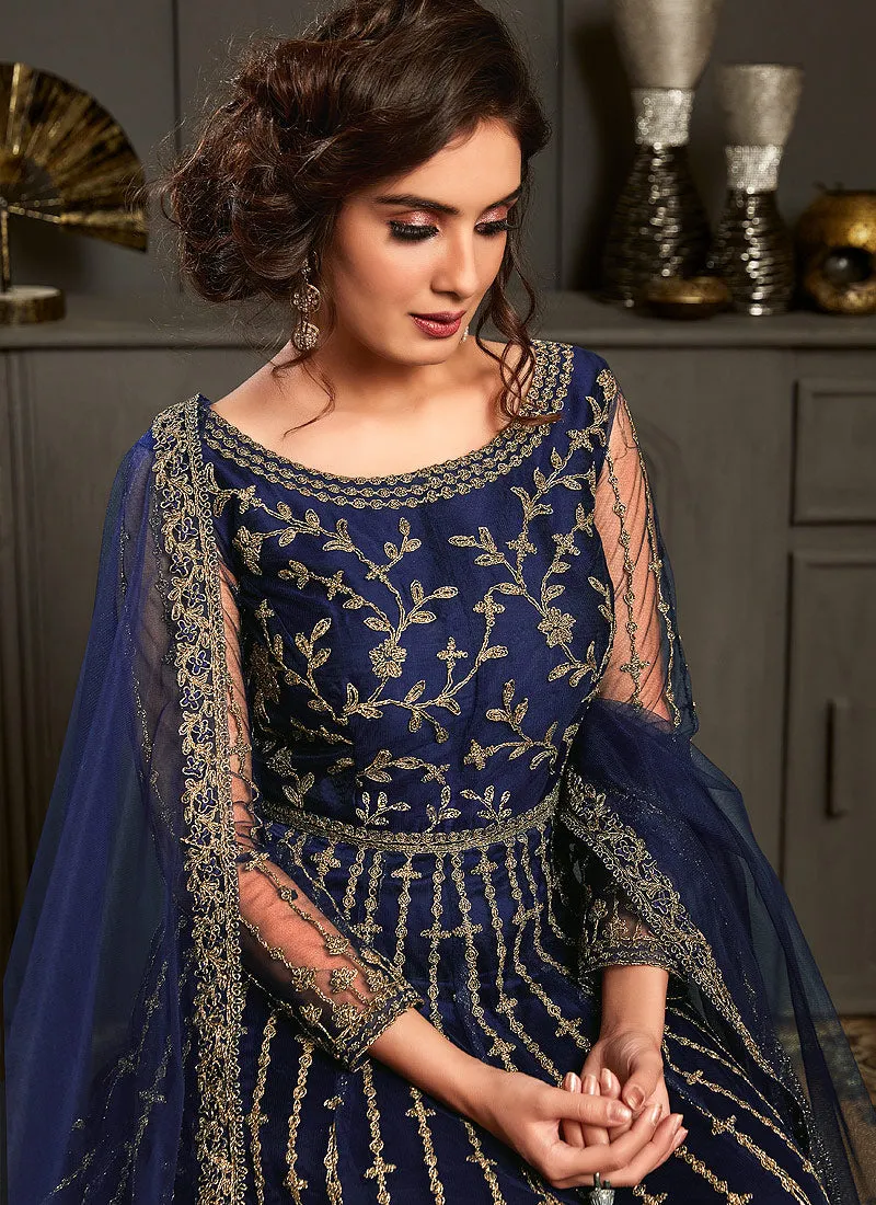 Navy Blue Multi Embroidery Designer Wedding Gown