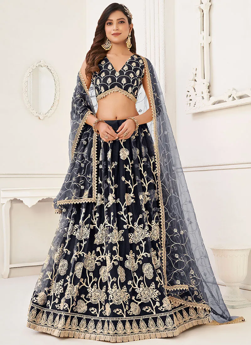 Navy Blue Traditional Embroidered Wedding Lehenga Choli