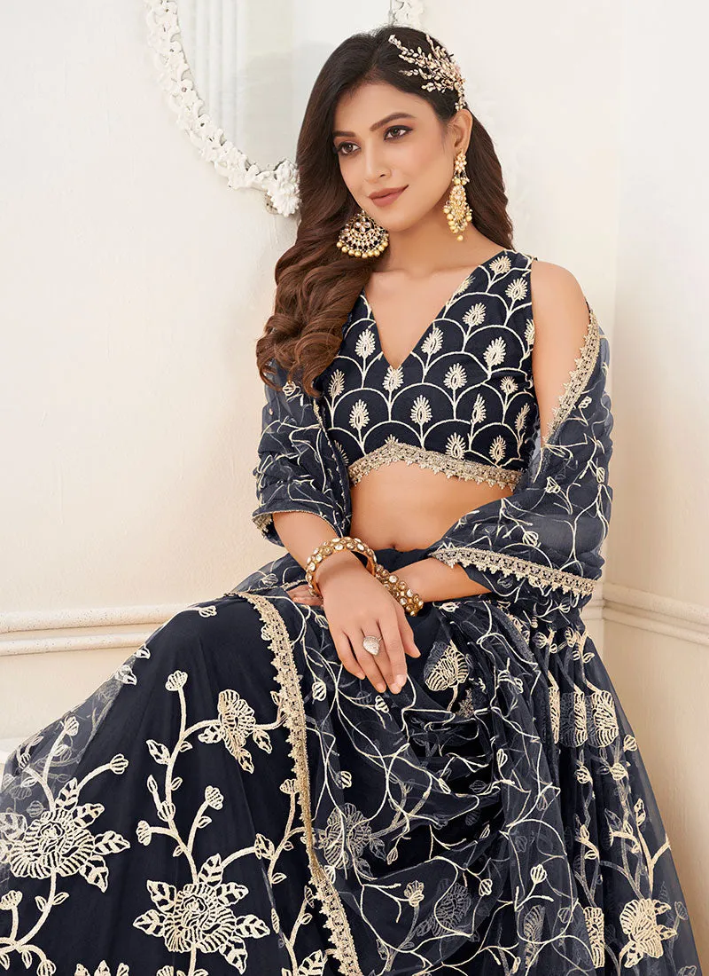 Navy Blue Traditional Embroidered Wedding Lehenga Choli