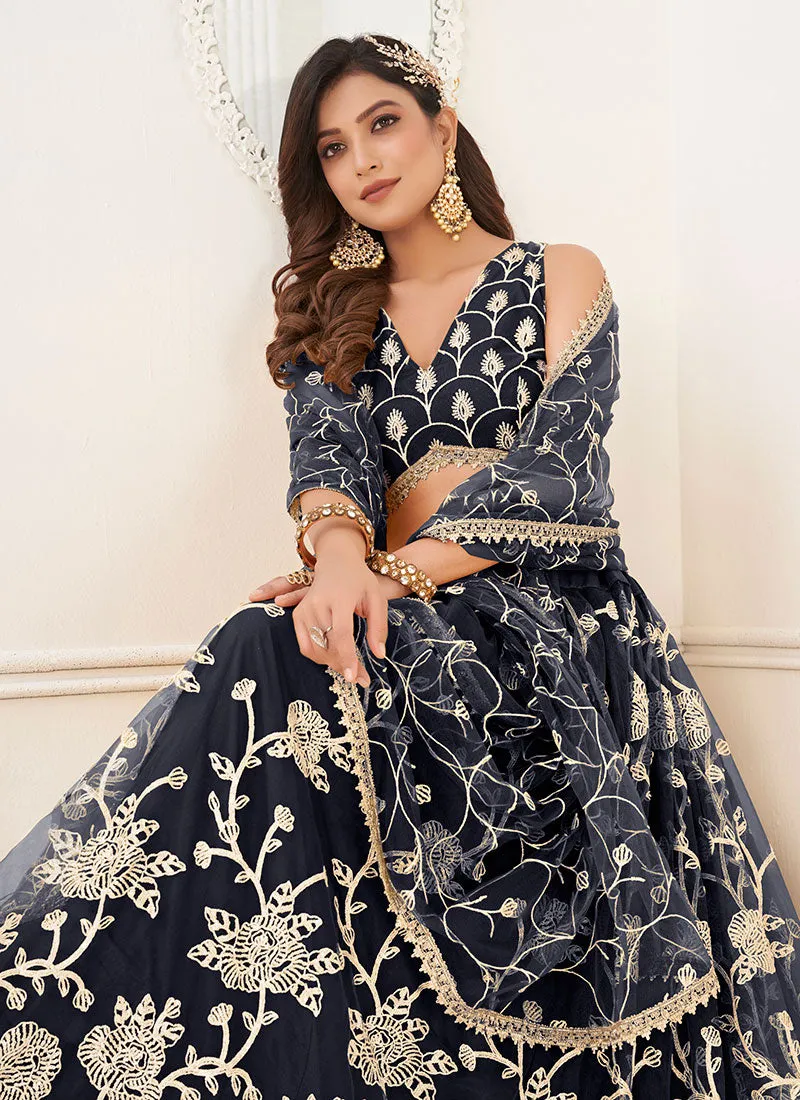 Navy Blue Traditional Embroidered Wedding Lehenga Choli