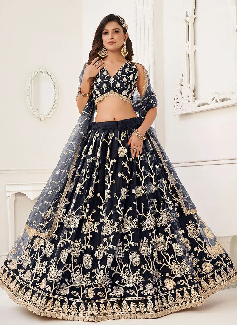 Navy Blue Traditional Embroidered Wedding Lehenga Choli