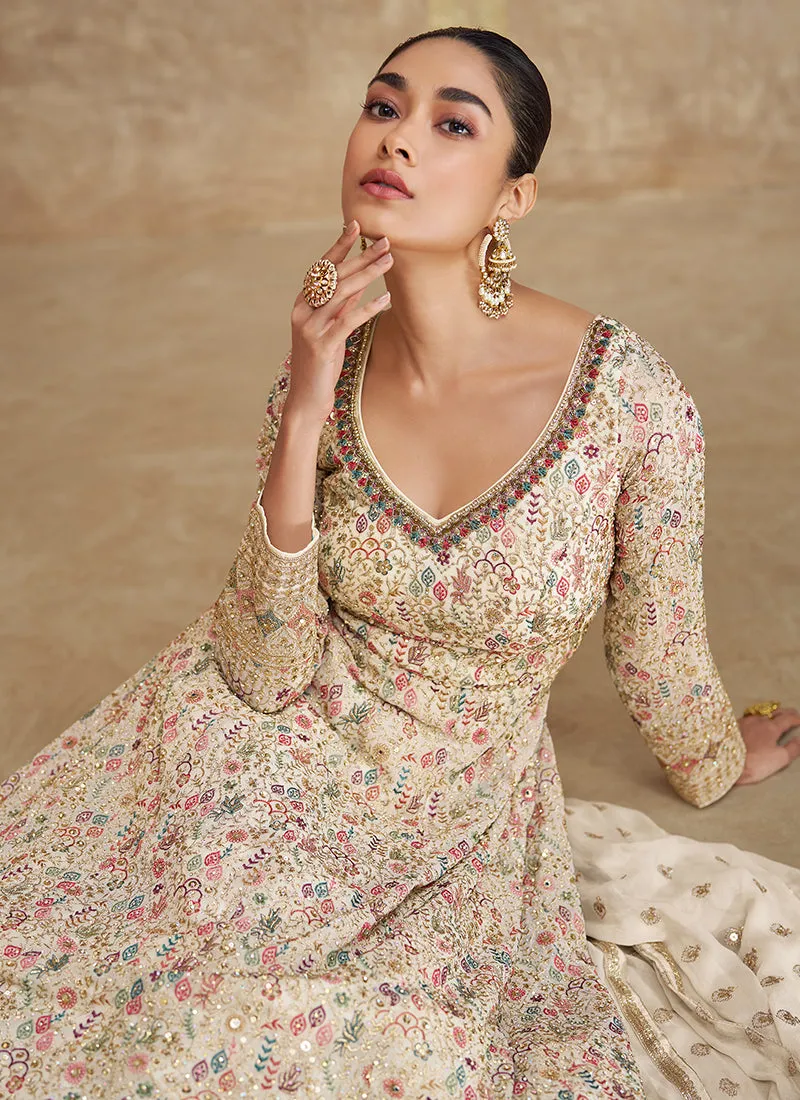 Off White Embroidery Festive Anarkali Gown Dress