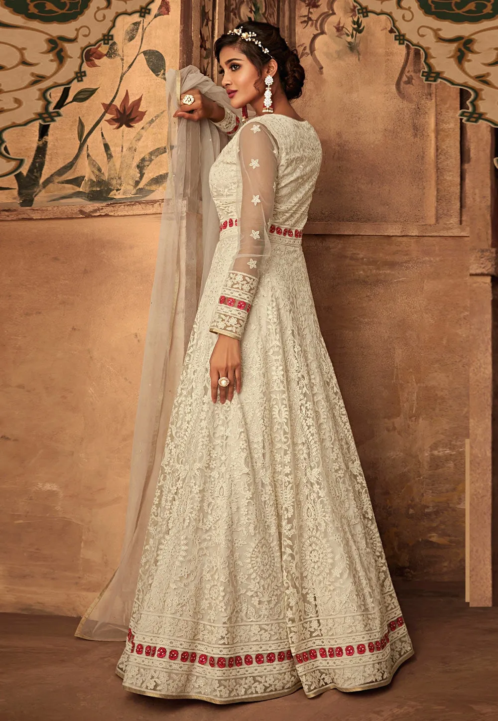 Off White Ethnic Embroidered Net Anarkali Suit