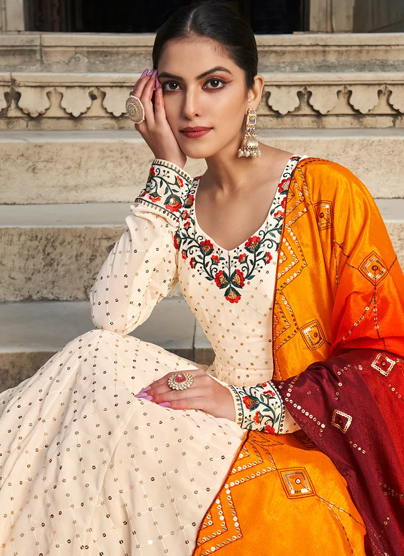 Off White Multi Embroidered Anarkali Gown