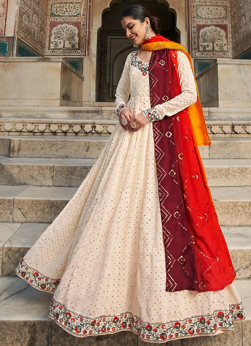 Off White Multi Embroidered Anarkali Gown