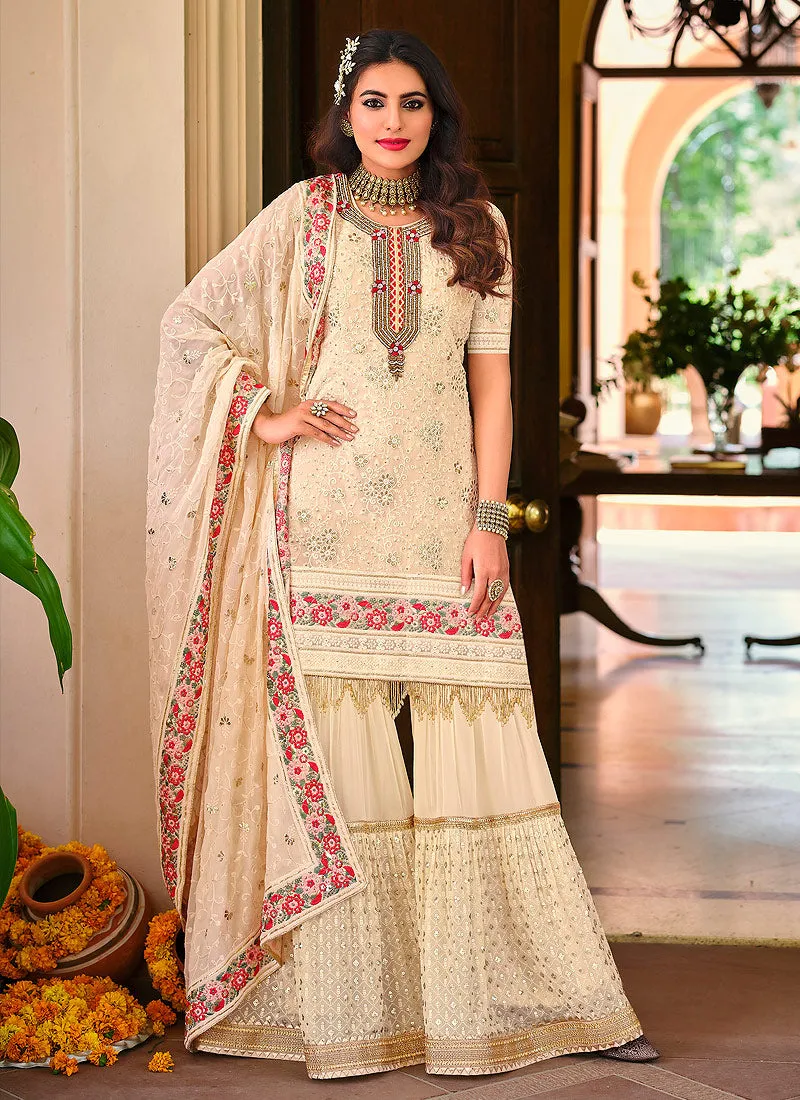 Off White Multi Embroidered Wedding Sharara Suit