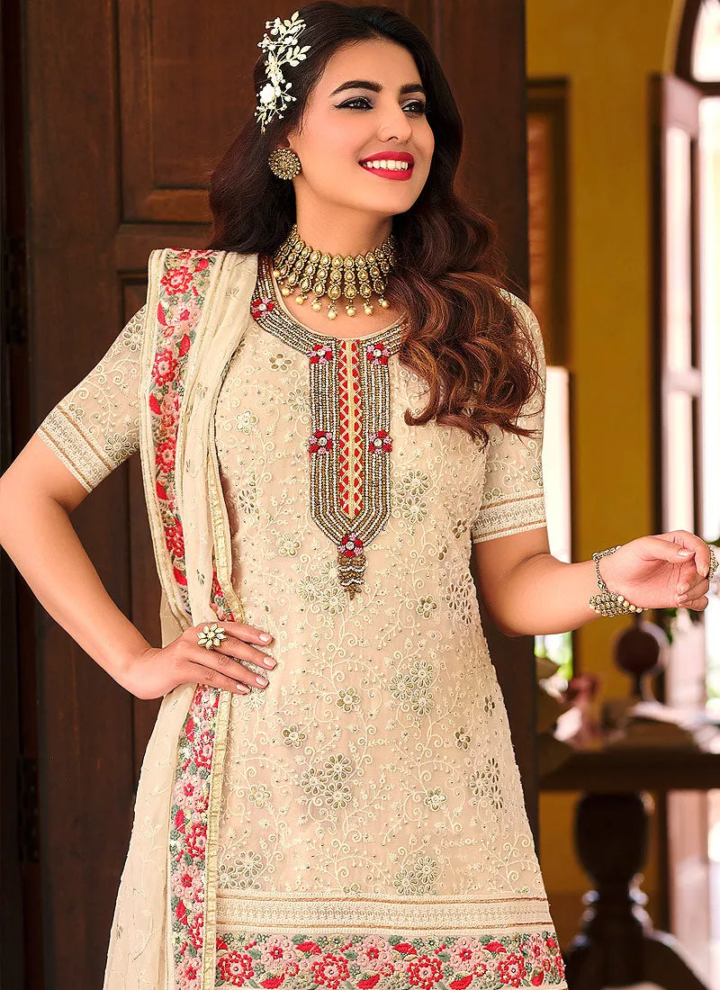 Off White Multi Embroidered Wedding Sharara Suit