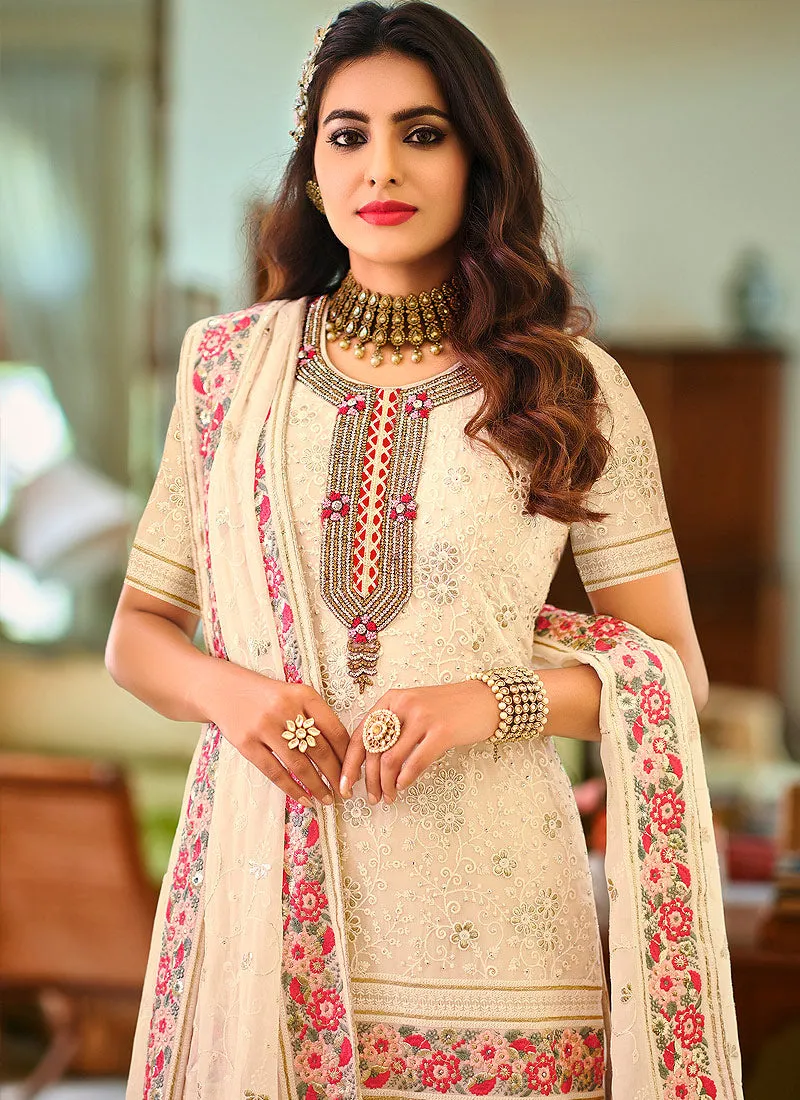 Off White Multi Embroidered Wedding Sharara Suit