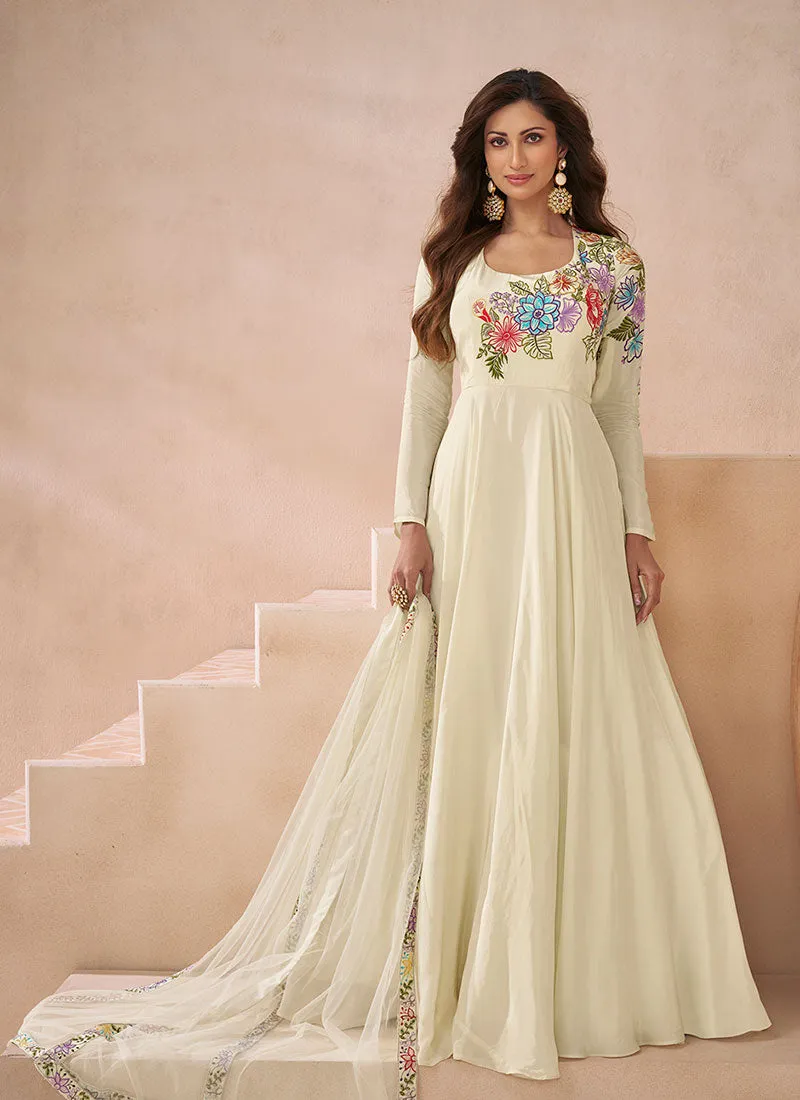 Off White Multi Embroidery Silk Anarkali Gown With Dupatta