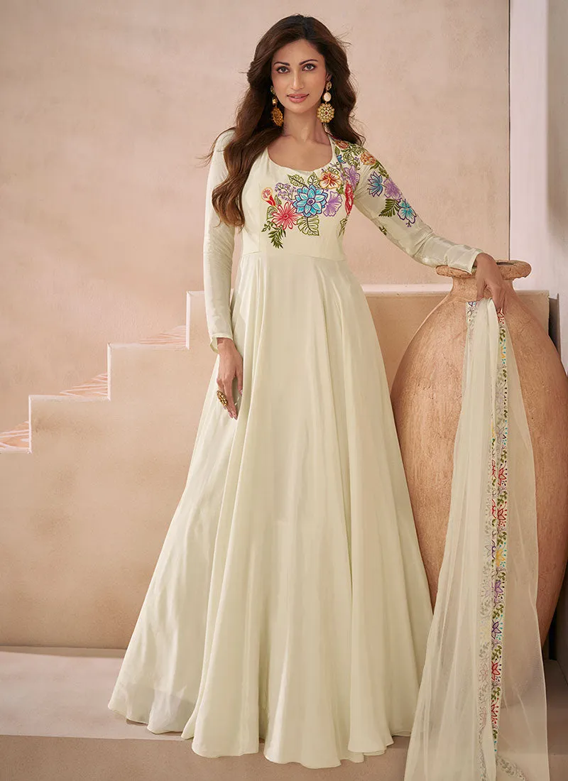 Off White Multi Embroidery Silk Anarkali Gown With Dupatta