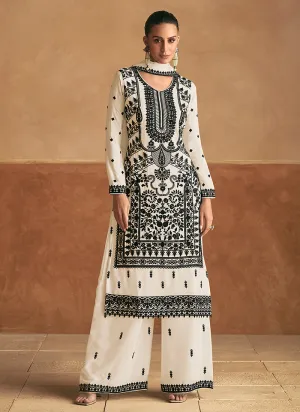 Off White Resham Thread Embroidery Palazzo Style Suit