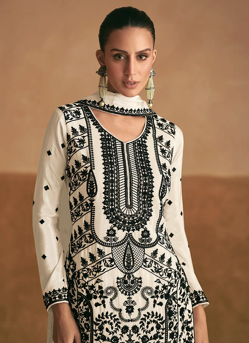 Off White Resham Thread Embroidery Palazzo Style Suit