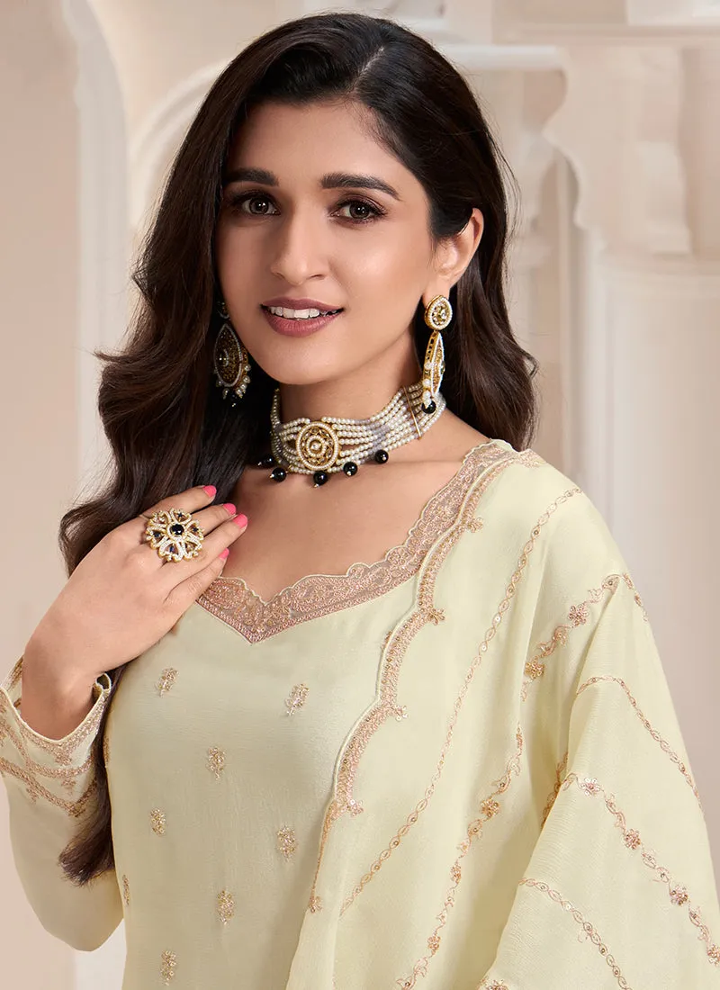 Off White Traditional Embroidered Festive Palazzo Suit