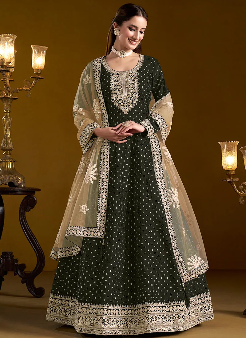 Olive Green Embroidered Silk Anarkali Suit