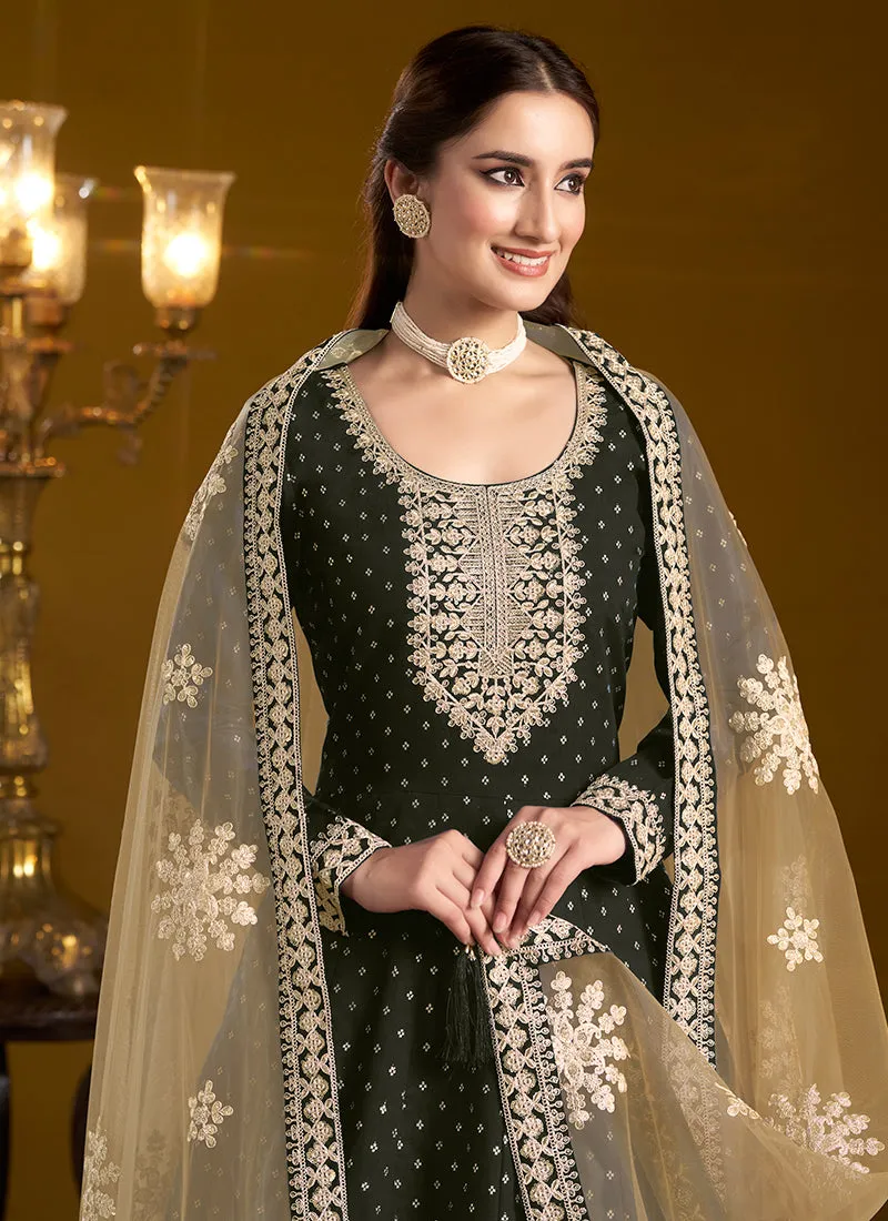 Olive Green Embroidered Silk Anarkali Suit