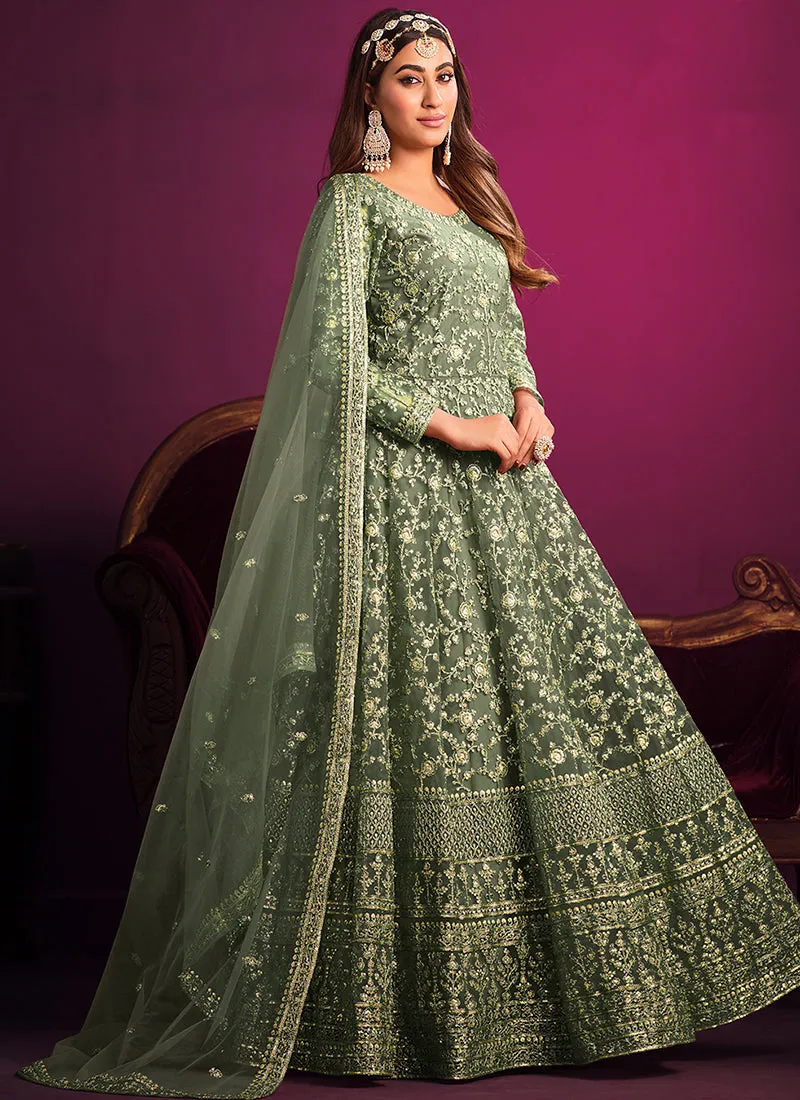 Olive Green Embroidery Festive Anarkali Suit