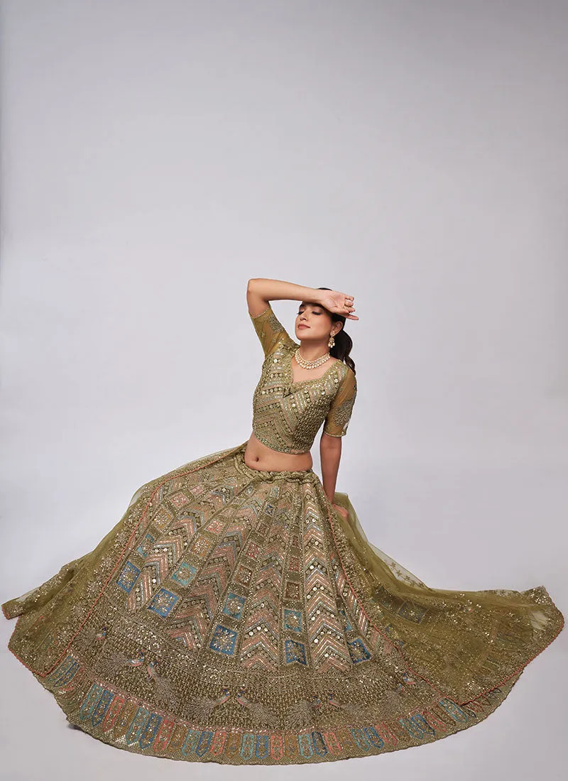 Olive Green Multi Embroidery Lehenga Choli For Indian Wedding