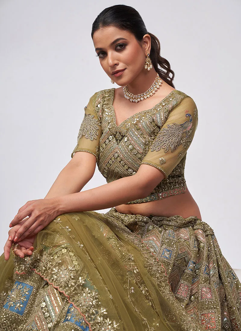 Olive Green Multi Embroidery Lehenga Choli For Indian Wedding