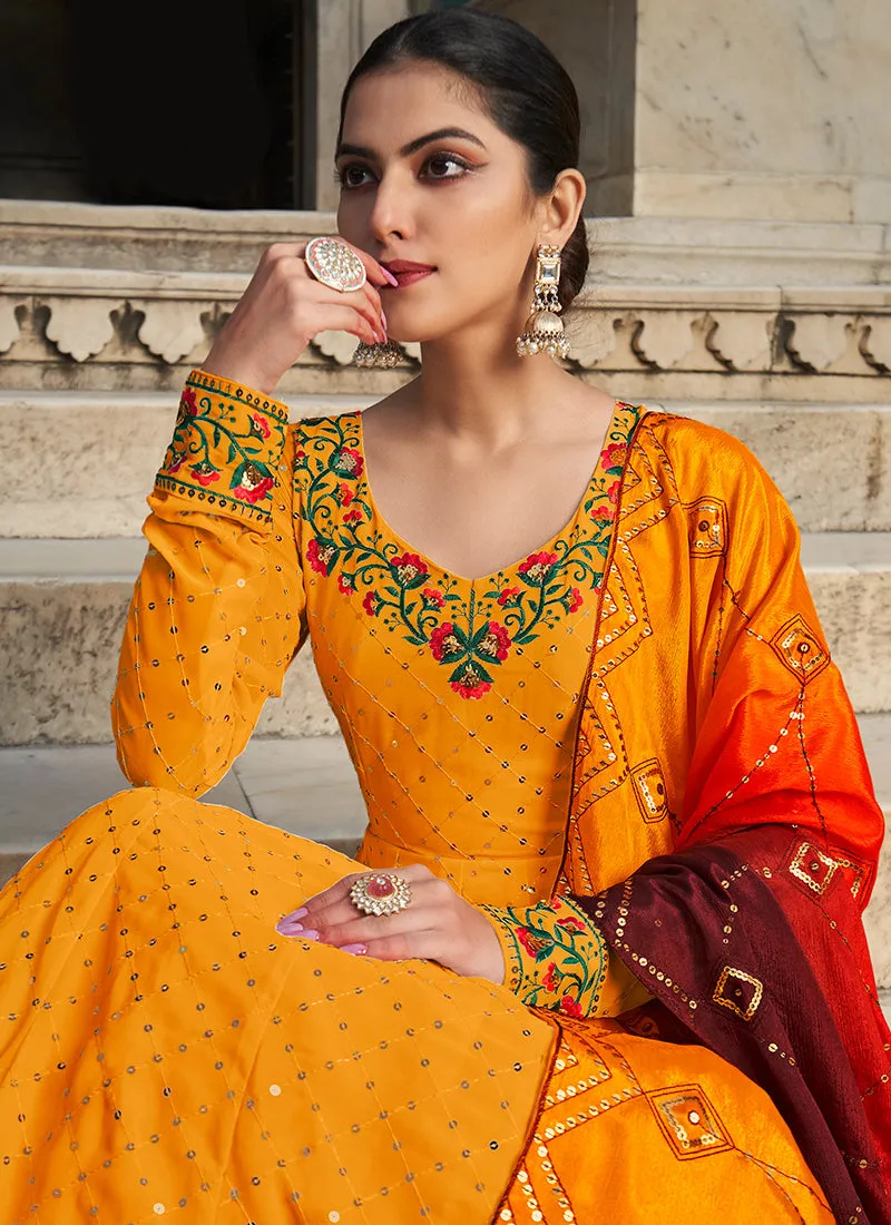 Orange And Red Multi Embroidered Anarkali Gown