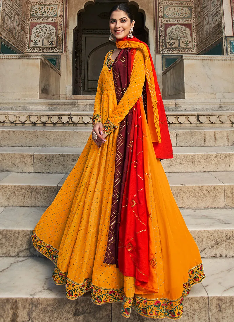 Orange And Red Multi Embroidered Anarkali Gown