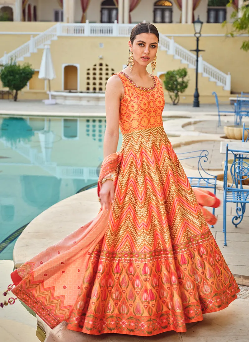 Orange Embroidery And Printed Anarkali Gown