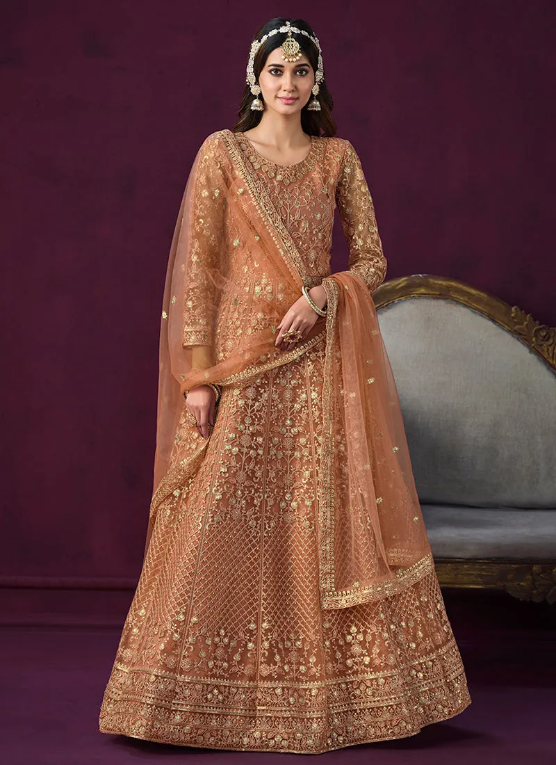 Orange Sequence Embroidery Designer Anarkali Suit