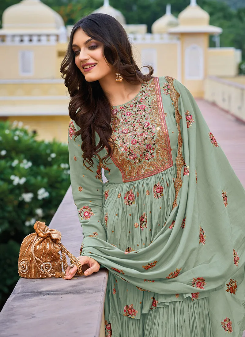 Pale Green Multi Embroidered Designer Gharara Suit