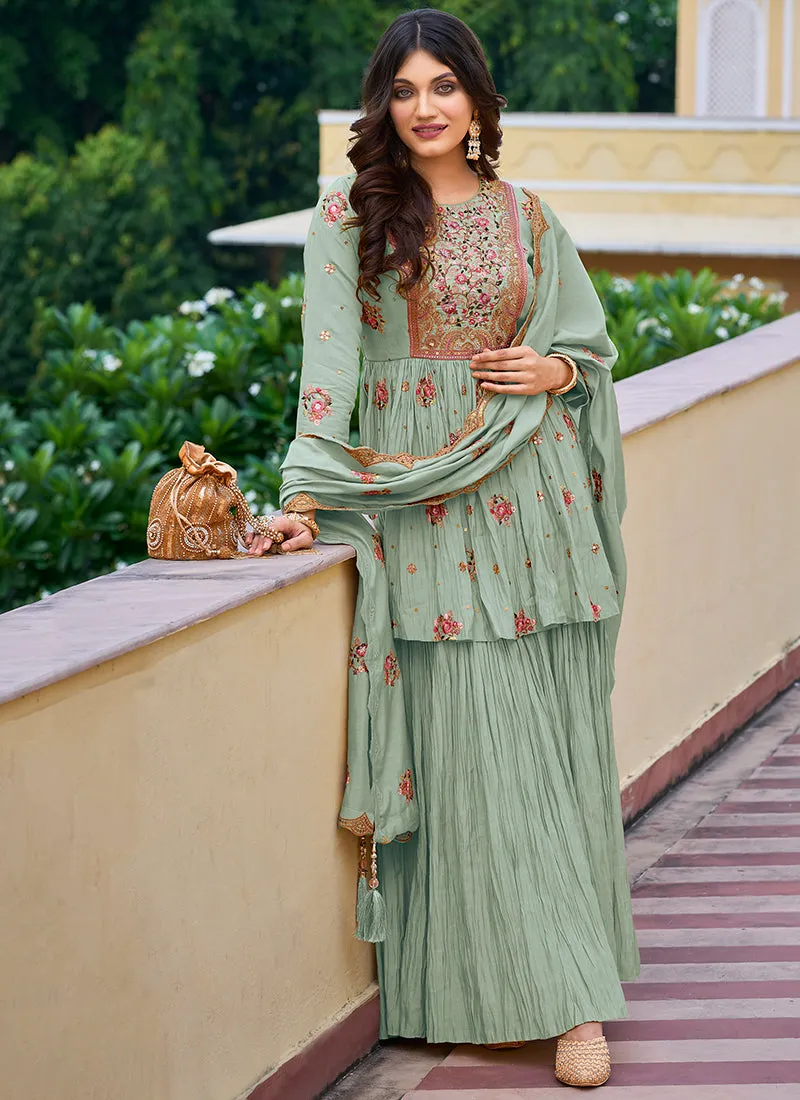 Pale Green Multi Embroidered Designer Gharara Suit