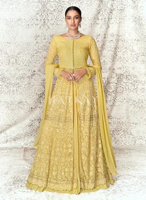 Pale Yellow Lucknowi Embroidered Designer Anarkali Lehenga