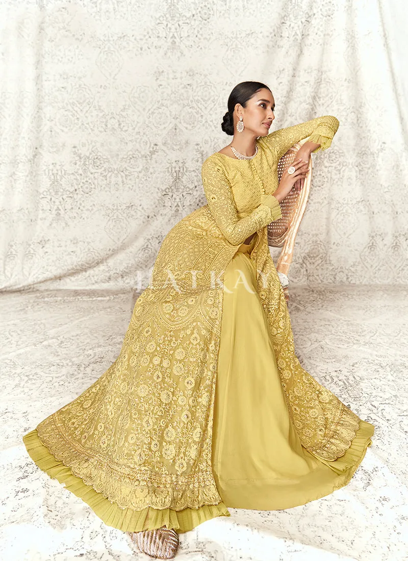 Pale Yellow Lucknowi Embroidered Designer Anarkali Lehenga