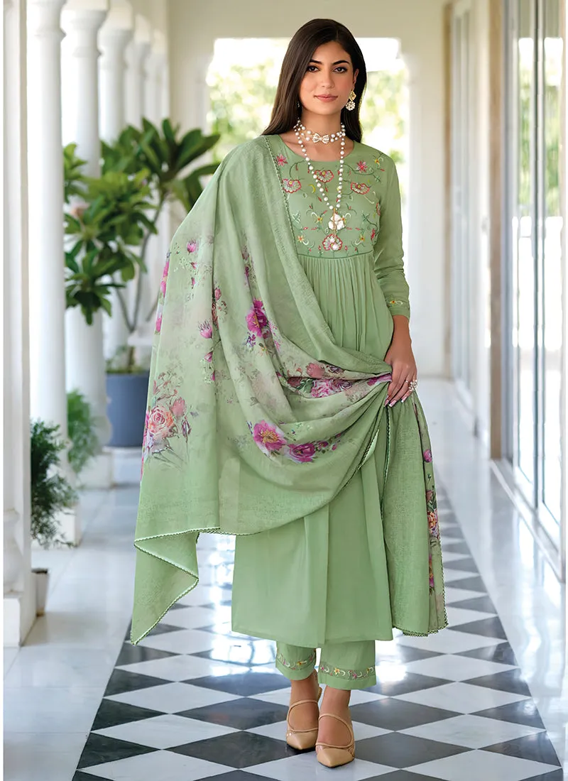 Pastel Green Embroidery Cotton Anarkali Pant Suit