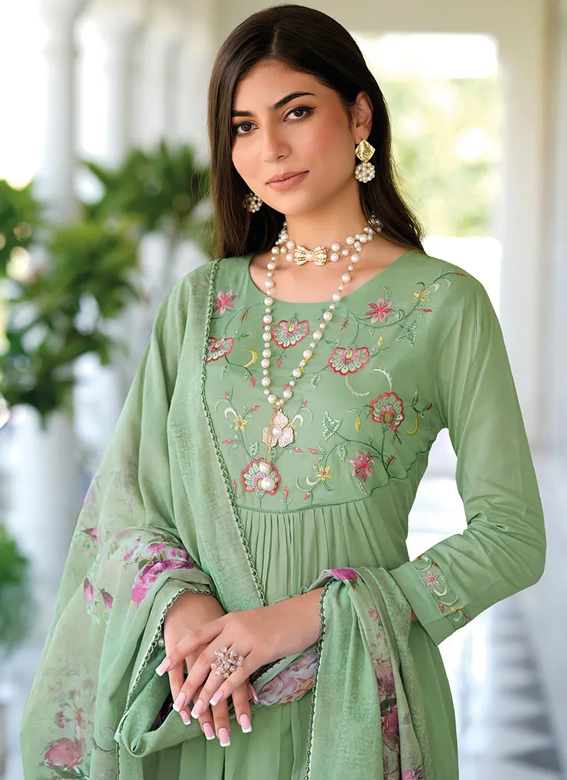 Pastel Green Embroidery Cotton Anarkali Pant Suit