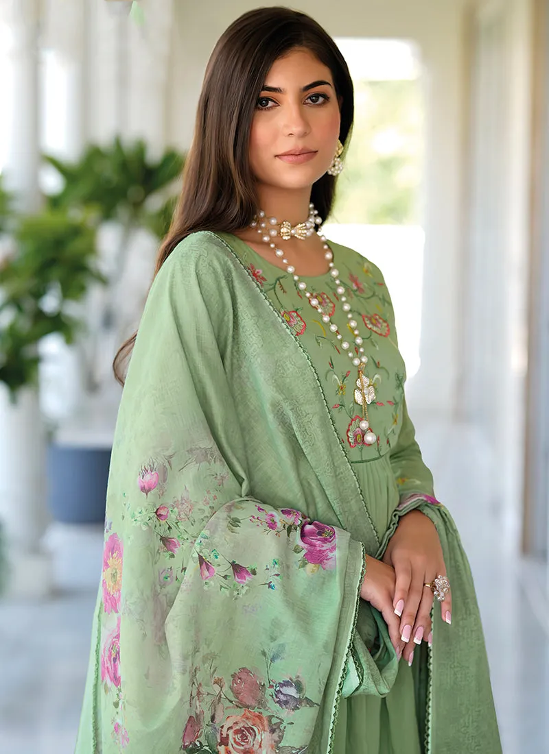 Pastel Green Embroidery Cotton Anarkali Pant Suit