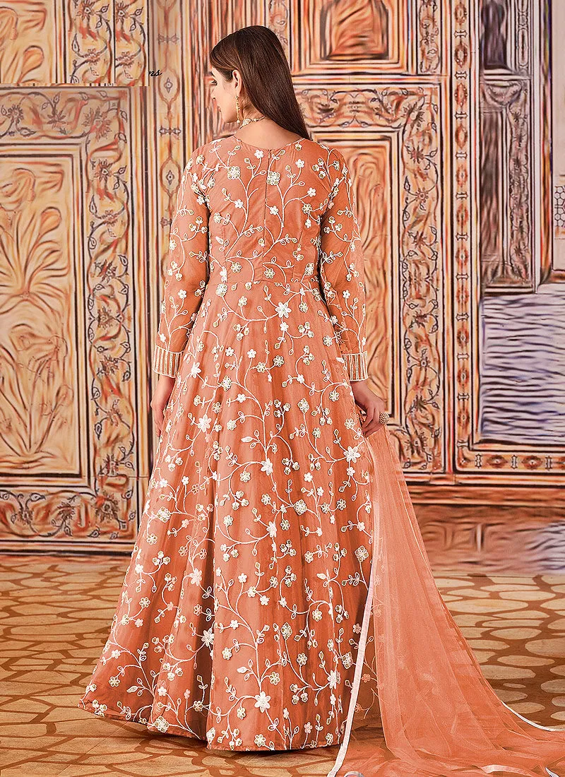 Pastel Orange Cording Embroidered Net Anarkali Suit