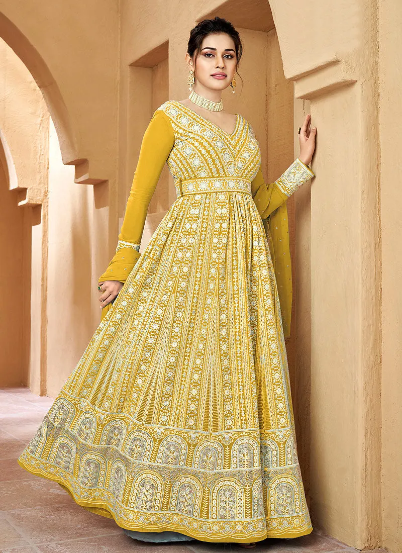 Pastel Yellow Lucknowi Embroidery Anarkali Gown