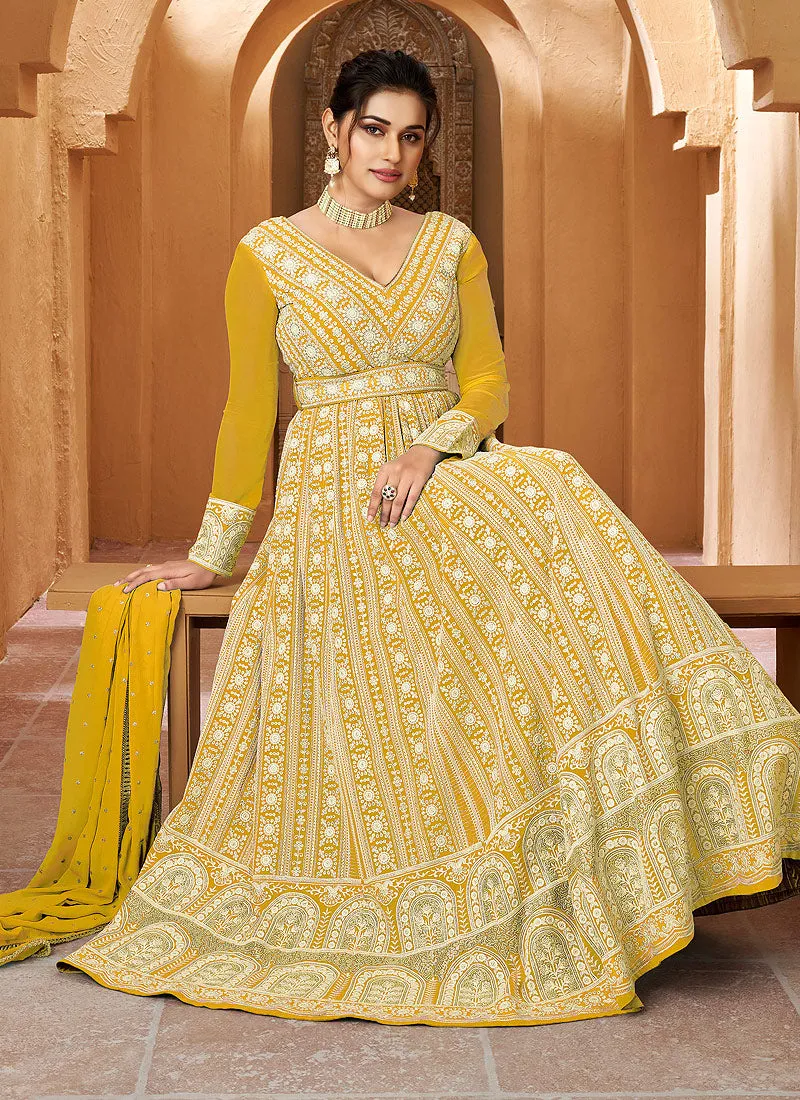 Pastel Yellow Lucknowi Embroidery Anarkali Gown