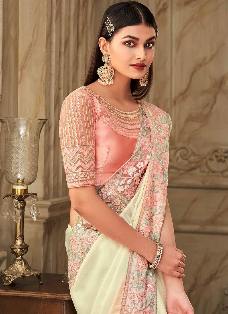 Peach And Cream Embroidered Silk Saree