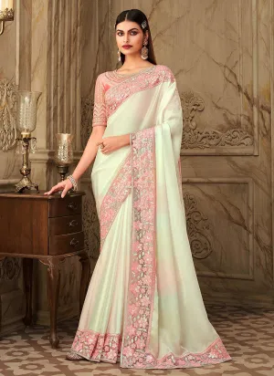 Peach And Cream Embroidered Silk Saree