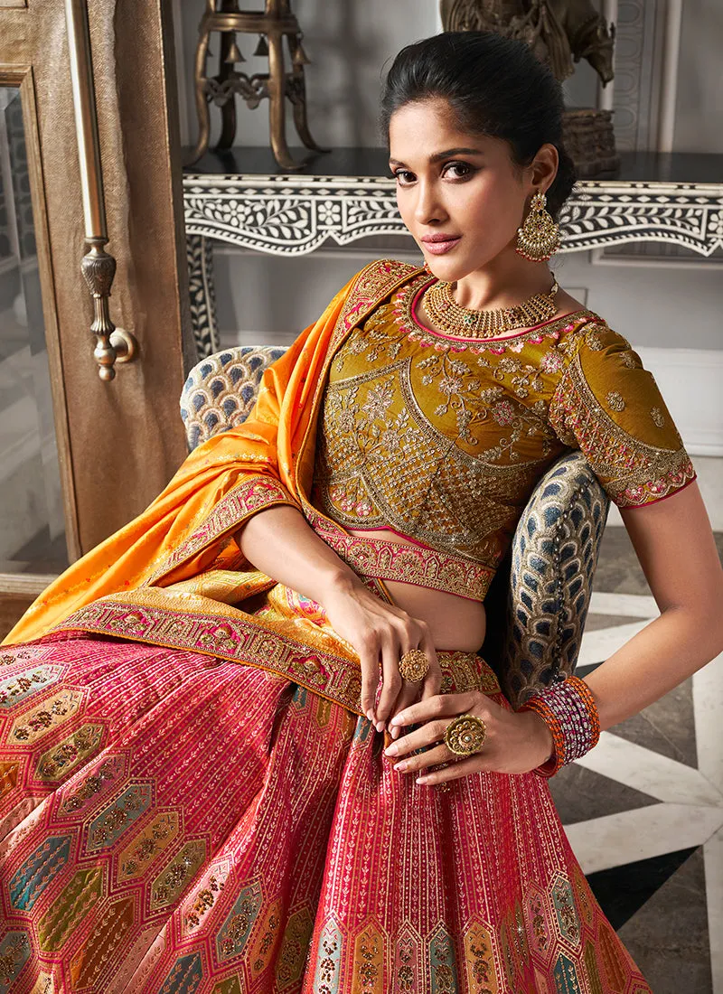 Peach And Yellow Embroidered Bridal Lehenga Choli