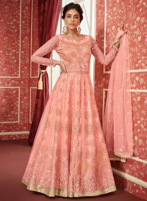 Peach Embroidered Anarkali Lehenga Suit