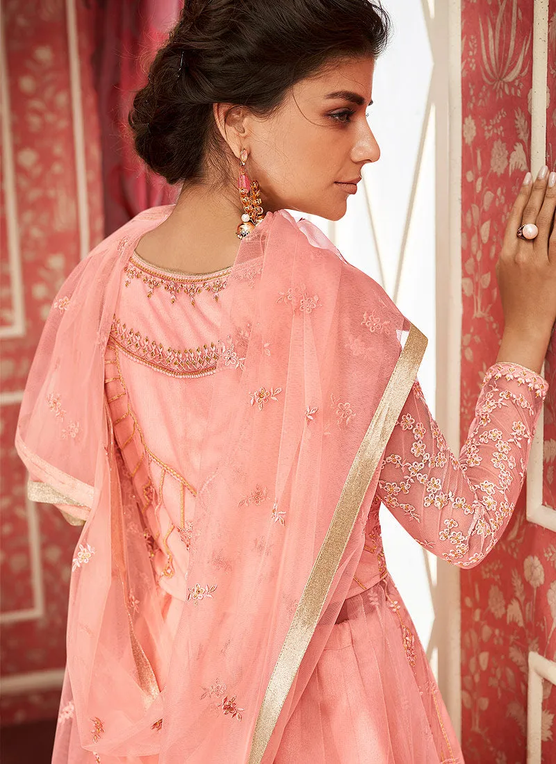 Peach Embroidered Anarkali Lehenga Suit