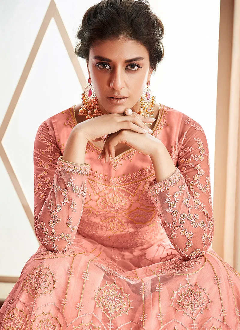 Peach Embroidered Anarkali Lehenga Suit