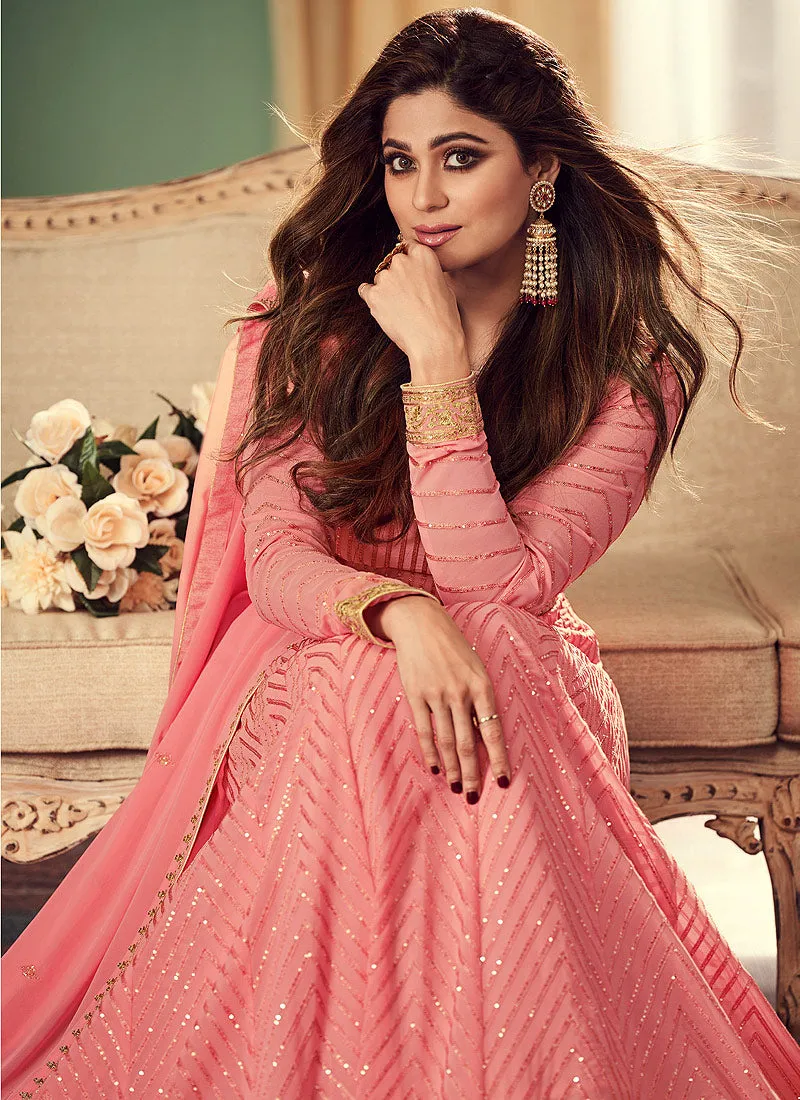 Peach Golden Embroidered Belt Style Anarkali Suit