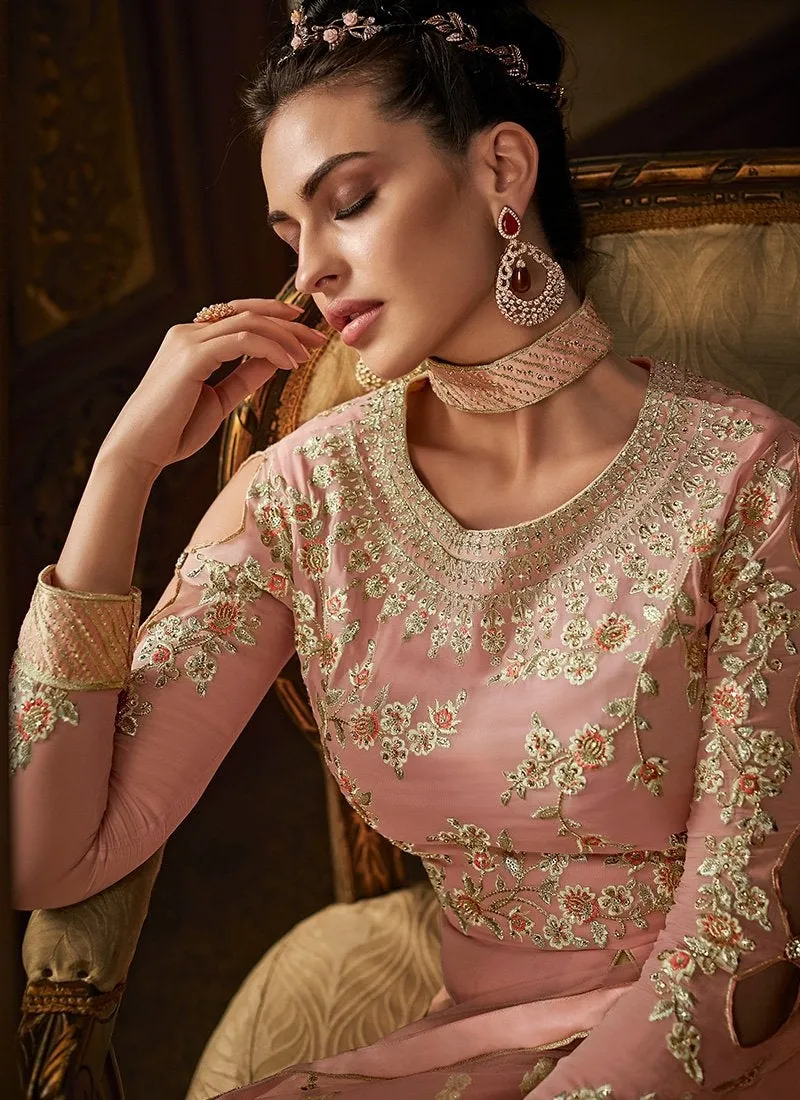 Peach Golden Embroidered Net Anarkali Pant Suit