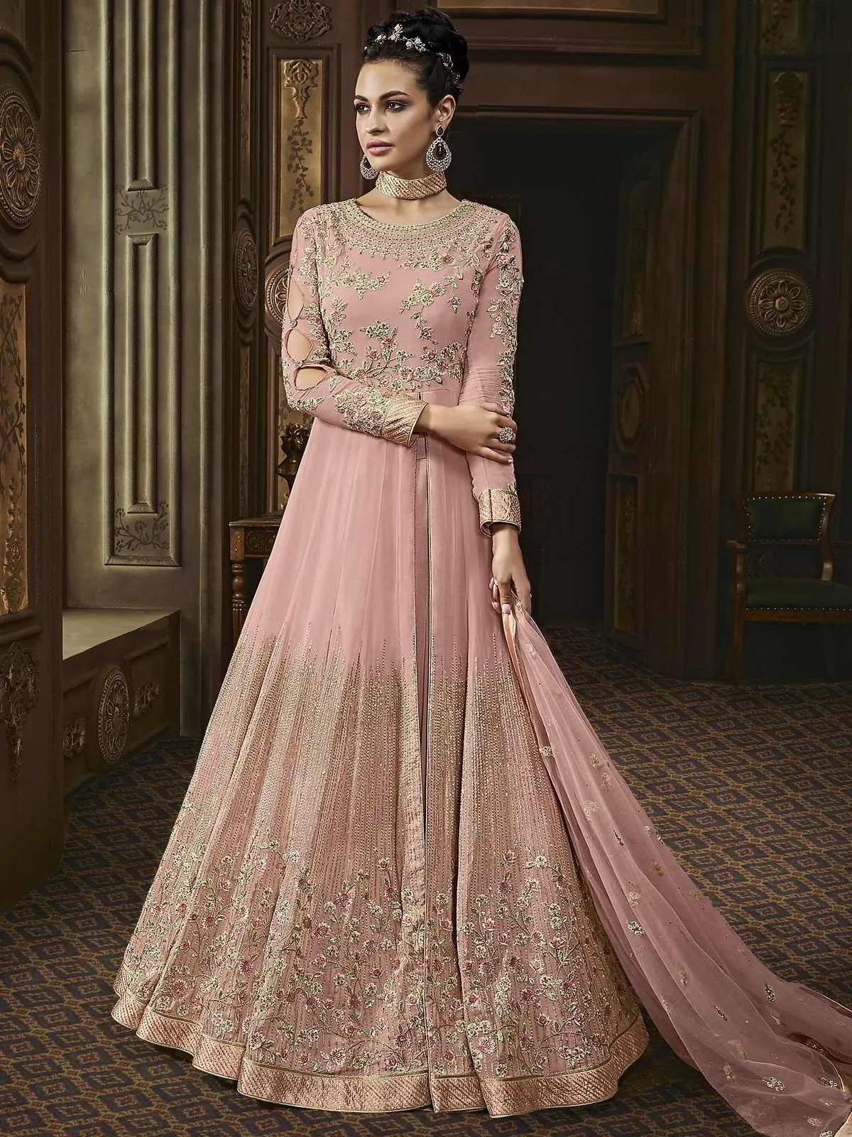 Peach Golden Embroidered Net Anarkali Pant Suit