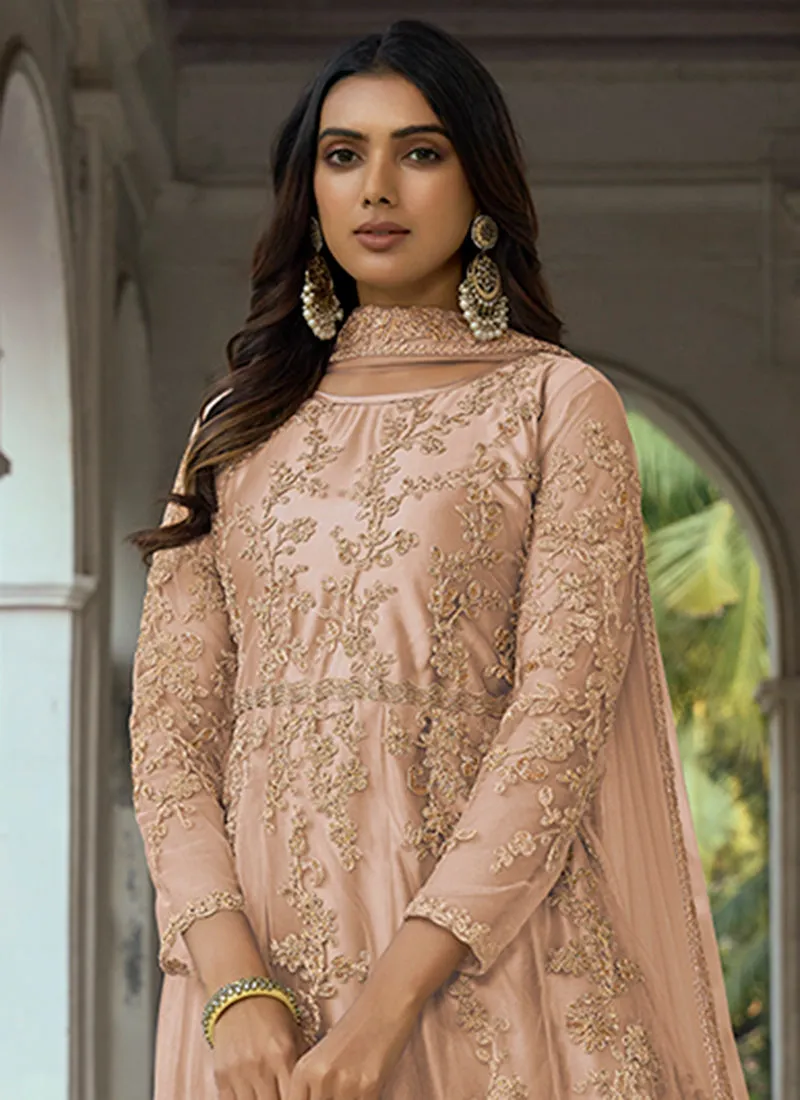 Peach Golden Embroidery Traditional Anarkali Suit