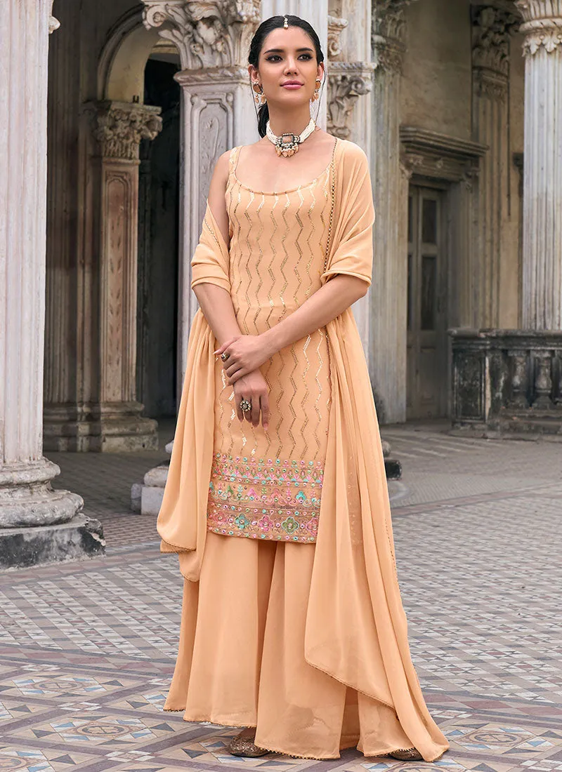 Peach Multi Embroidery Designer Sharara Suit