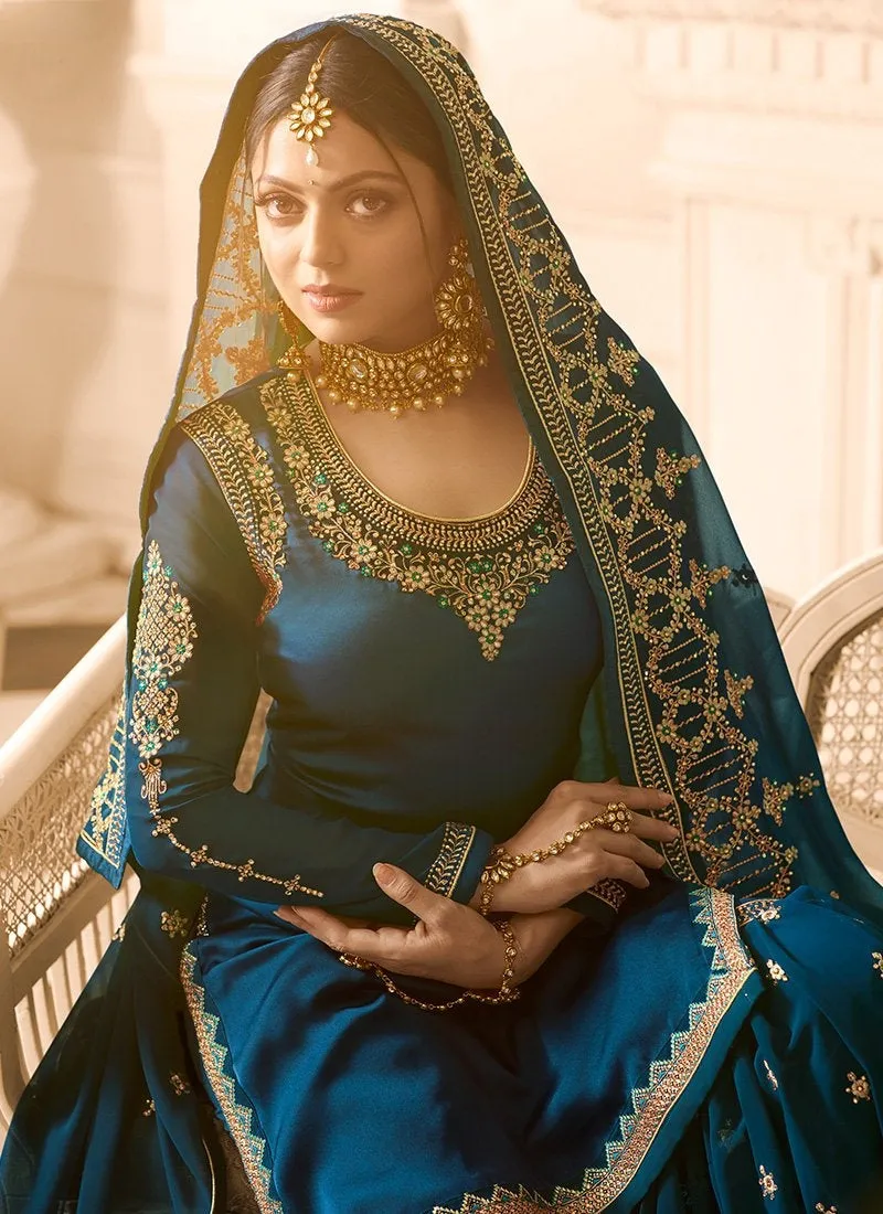 Peacock Blue Embroidered Designer Gharara Palazzo Suit