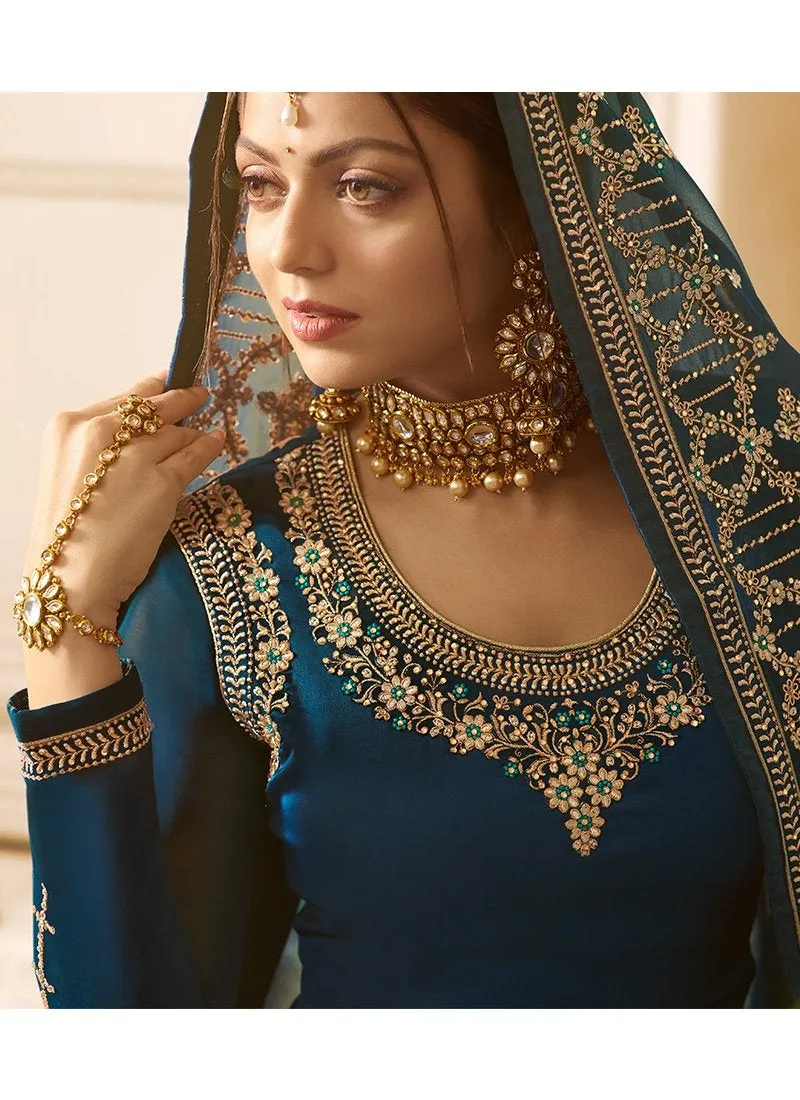 Peacock Blue Embroidered Designer Gharara Palazzo Suit